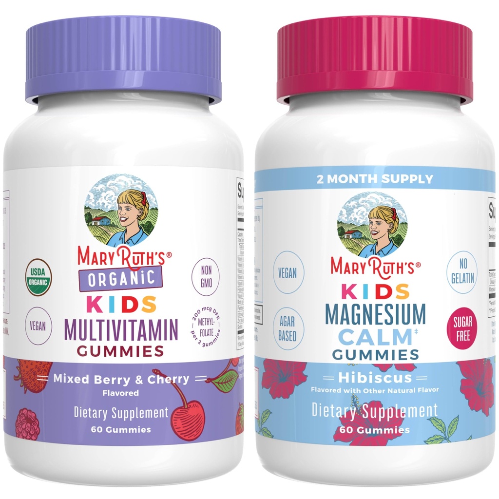 החניכיים של מרי ראסל לילדים-USDA אורגני Multivitamin (Mixed Berry & Cherry), & Magnesium Calm (Hibiscus) | No Gelatin!