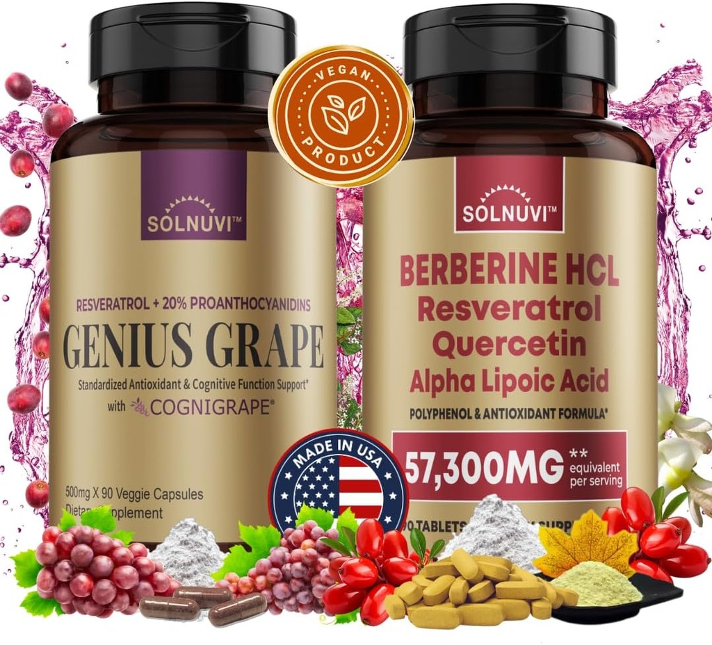Neuro Defense Bundle: Berberine & Resveratrol Complex - Clinically Tested Cognigrape, Quercetin, Alpha Lipoic Acid - Brain Health & Antioxidant Support - Non-GMO, Gluten-free, טבעוני תוספת תוספת תוספת