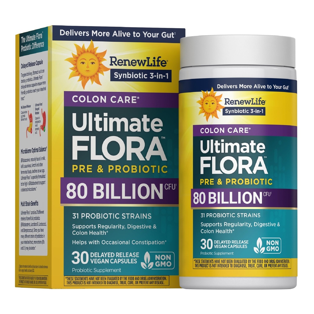 Renew Life Prooku Care Probiotic כמוסות, תוספת יומית מציעה תמיכה קולונית, L. Rhamnosus GG, חלב, סויה וגלוטן חינם, 80 מיליארד CFU, 30 Count Count