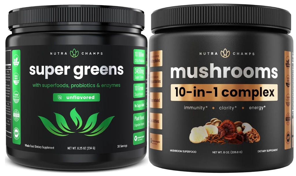 NutraChamps Super Greens Unflavored & Super Mushrooms: המוח האולטימטיבי, Gut & Body Boost