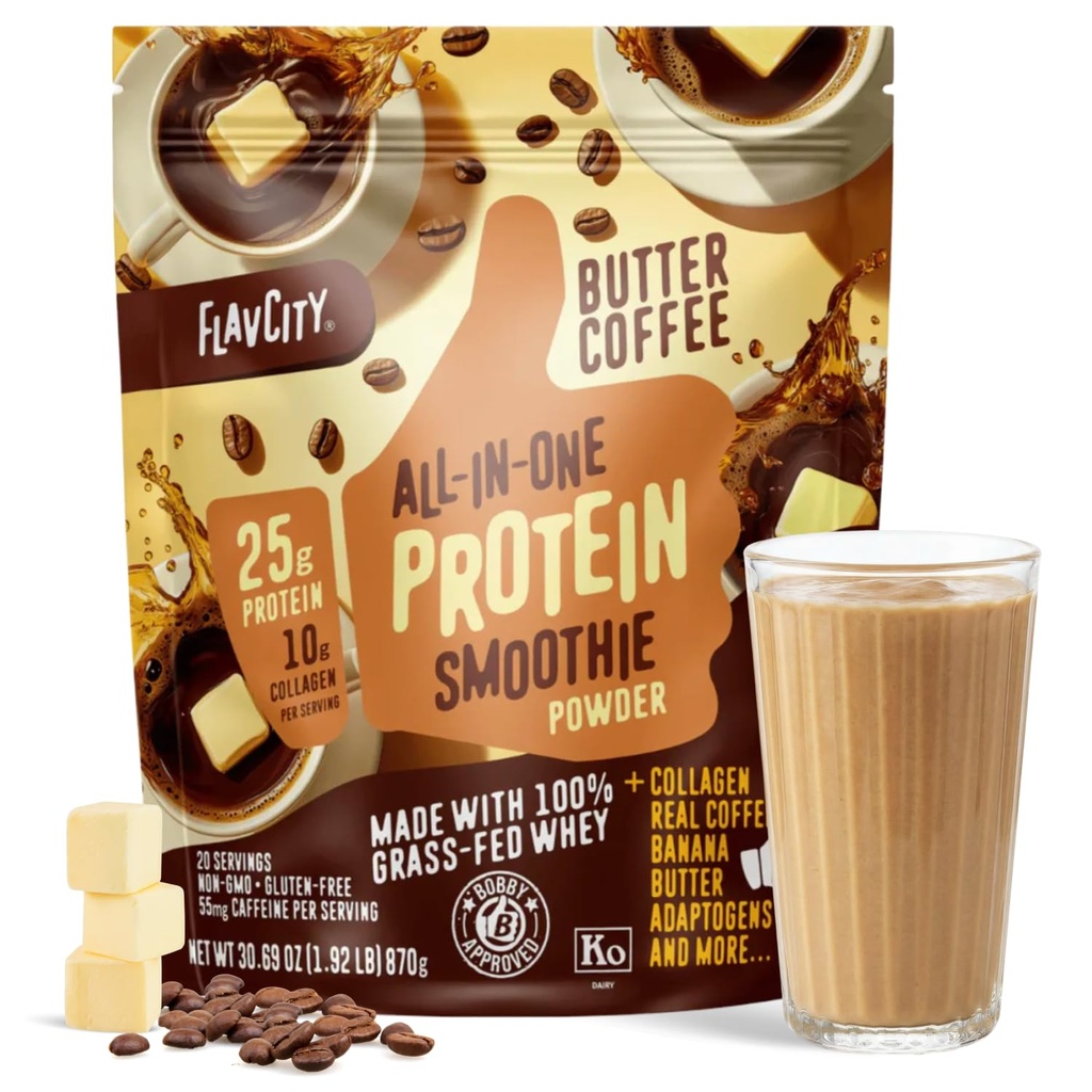 FlavCity Grass פד אבקת חלבון Whey - Butter Coffee - 25g חלבון, 10g Collagen & 87 מ"ג Caffeine - Made with Organic Reishi & Cordyceps - Gluten Free & Noוסיף סוכרים (20 משרתים)