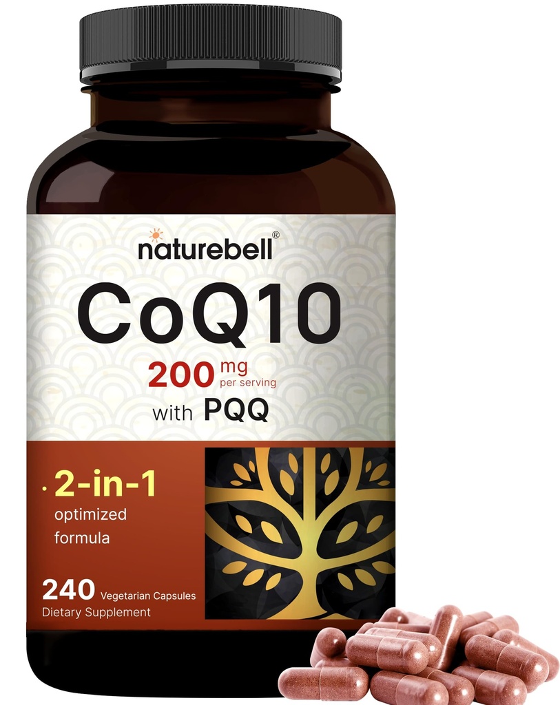 NatureBell CoQ10 200 מ"ג עם PQQQQ, 240 קפסולות Veggie | Stable High Absorption Form - Antioxidant Support for Heart, & Energy Health - תוספת חיזוק Coenzyme Q10 תוספת