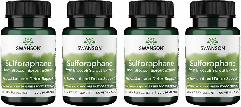 Swanson Sulforaphane - Broccoli Sprout Extracting cell, GI Tract ו- Liver Health - תוספת טבעית סטנדרטית ל 0.4% Sulforaphane - (60 כמוסות Veggie, 400mcg כל אחד) (4 Pack)