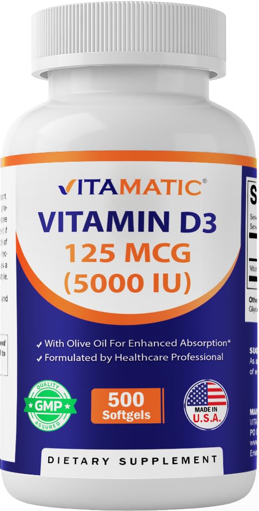 ויטמין D3 5000 IU (125 mcg) - 500 מיני Softgels אוליב מבוסס פורמולה מבוססת שמן - Cold-Pressed - 500-Day Supply Supply - תומך העצם, השרירים והבריאות - Non-GMO & Gluten-Free