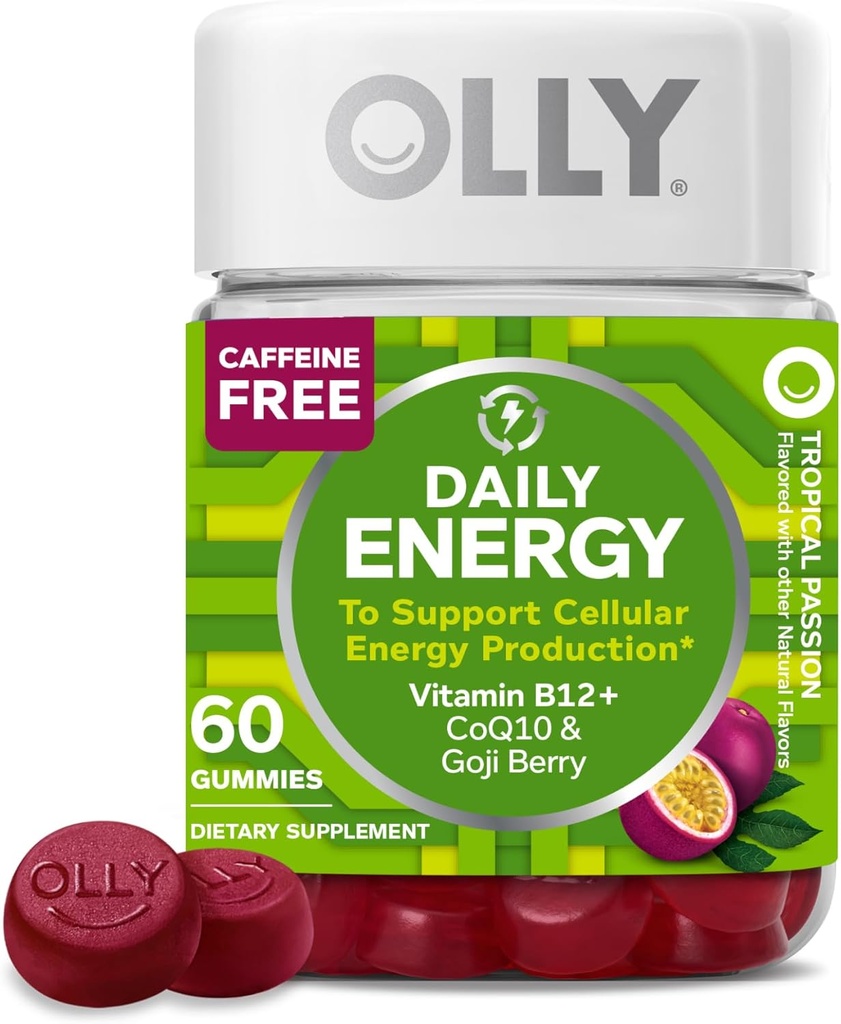 OLLY Daily Energy Gummy, Caffeine חינם, ויטמין B12, CoQ10, Goji Berry, מבוגר Chewable תוסף, טרופי פלאמור - 60 Count Count