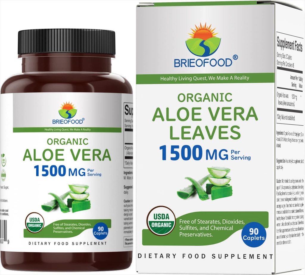 Brieofood אורגני Aloe Vera 1500 מ"ג, 45 לשרתים, גלוקוז צמחוני, 000 חינם, 90 טבליות Vegetarian