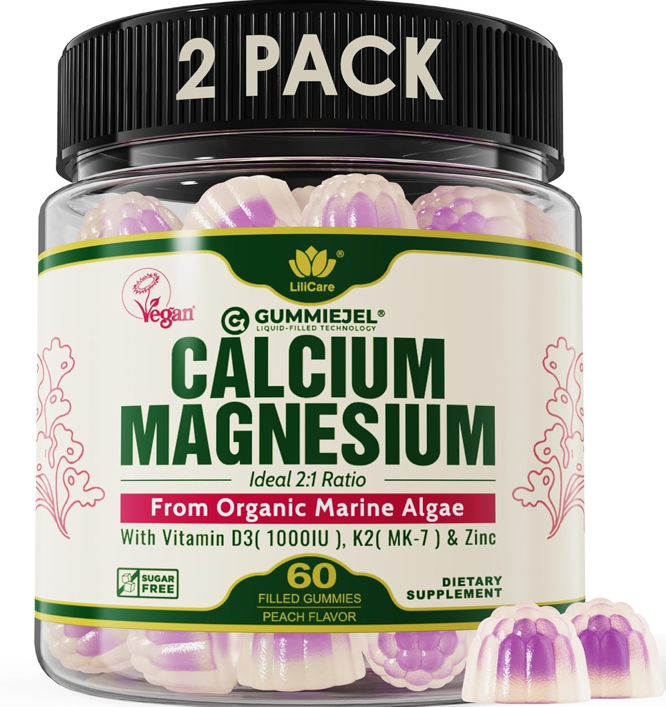 2 Pack - Plant Based Calcium Gummies 600 מ"ג עם ויטמין D3 K2, Magnesium, Zinc forעצמות העצם, סוכר חינם Calcium תוספי עבור נשים וגברים (Certified Vegan) מ- Sustainably Organic Red Algae