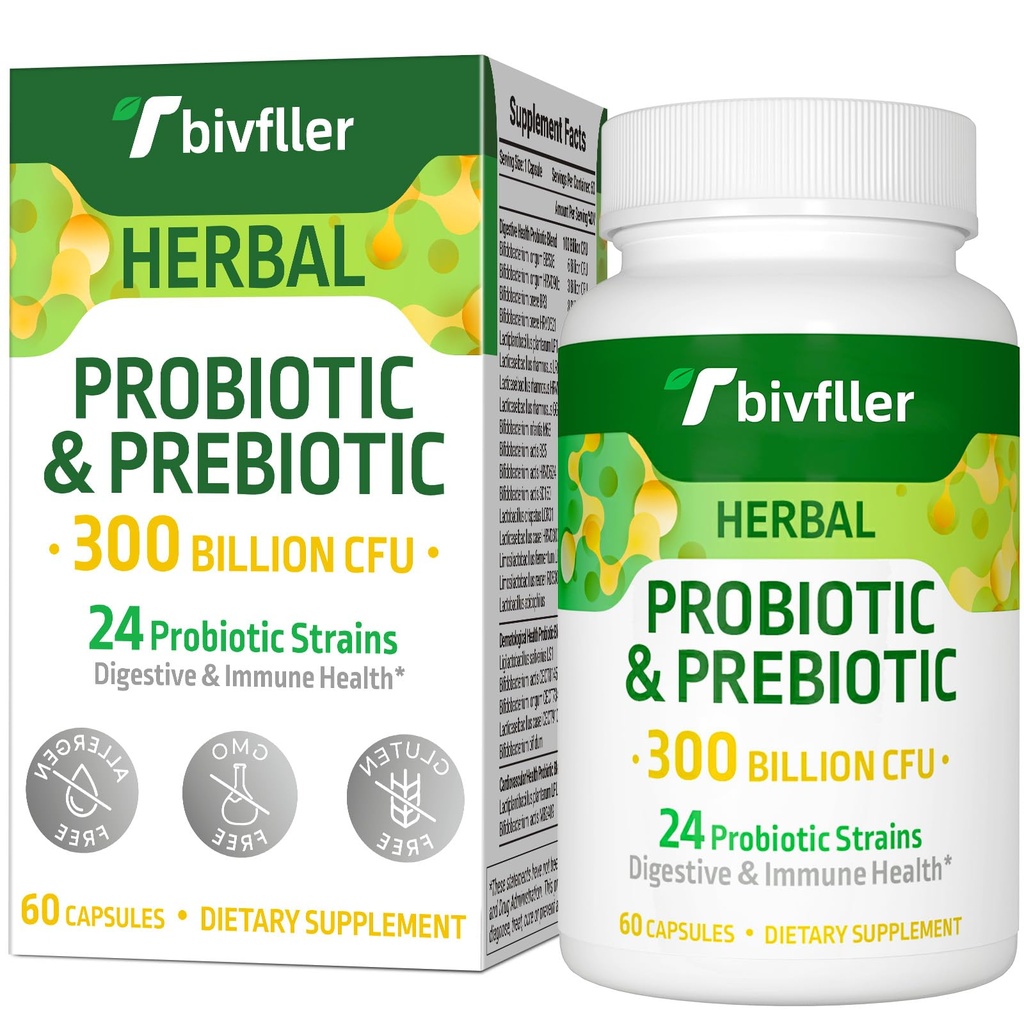 Probiotics for Women Men- 300 מיליארד CFU, 24 Strains Probiotic+15 Herbs אורגני טרוםביוטיקה בלנדר, Pre and Probiotics, for Digestive Health, Immune & Gut, Diarrhea, Bloating, טבעוני, 2 חודשים אספקת מזון
