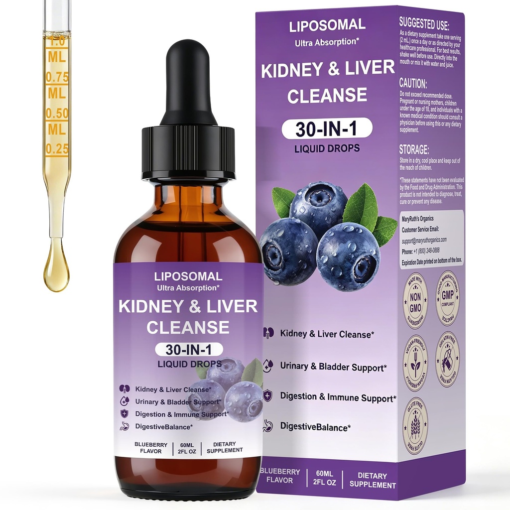 Liposomal Kidney Cleanse Detox & Repair - Liver Support & Cranberry Urinary Health Supplement - 30-in-1 Liquid Drops for Bladder Support - Blueberry Flavor - 60ml