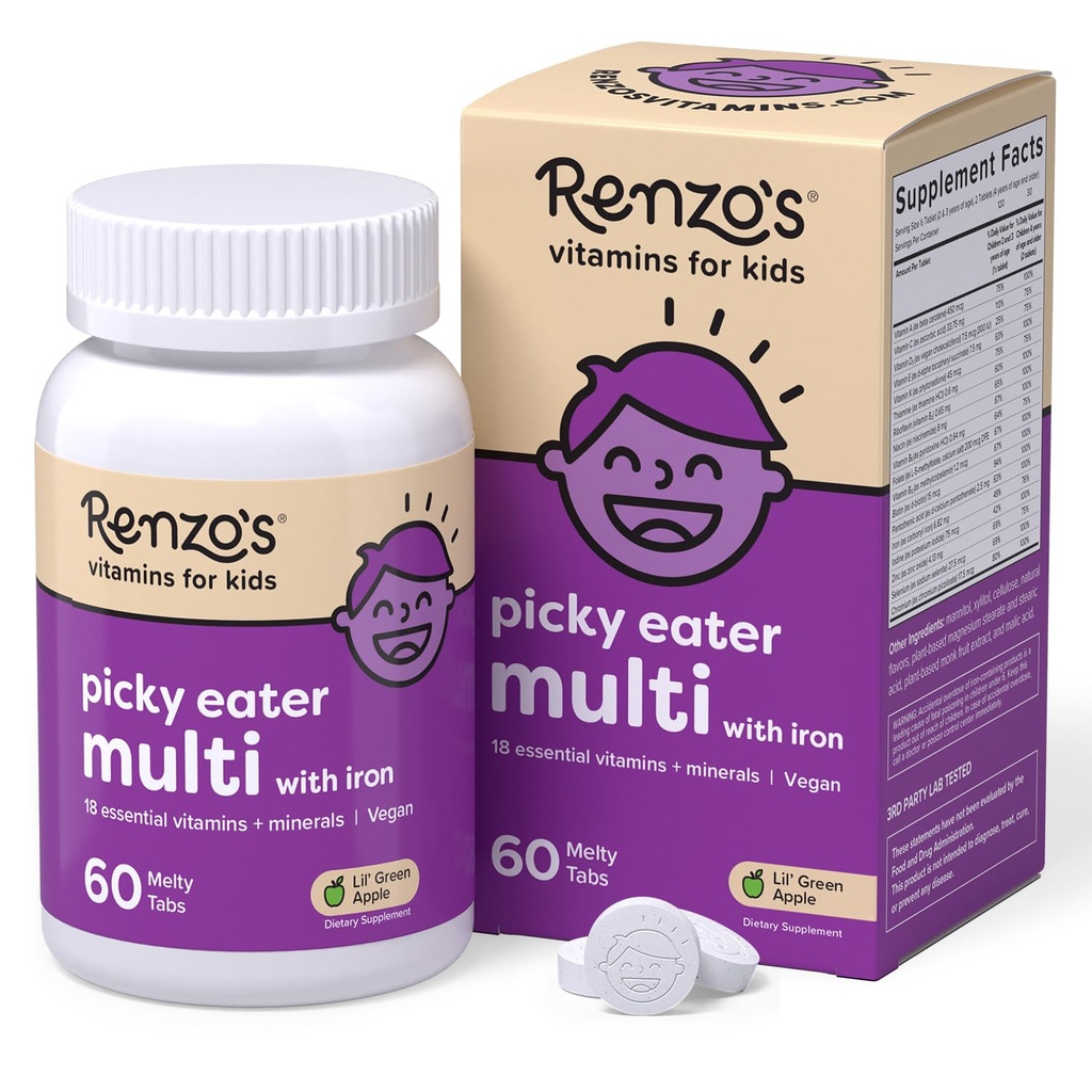 Renzo's Picky Eater Kids Multivitamin עם ברזל - ויטמינים לילדים בלתי פתורים עם ברזל, Zinc, ויטמין C, ויטמין D, E & K, Sugar-Free Melty Tabs, Green Apple Flavor, 60-Count (1-2 חודש אספקה)