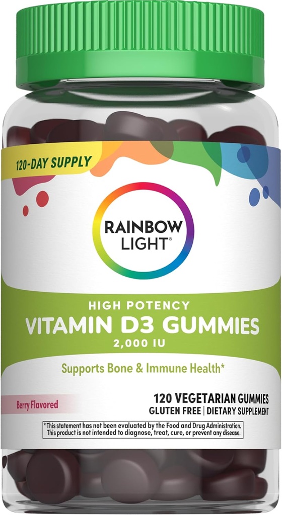 ויטמין אור קשת D Gummies, ויטמין D3 2,000IU Immune Health Support, Helps Support Strongעצמות & שיניים, Gluten Free, טבעוני, ברי, 120 מסטיקנים