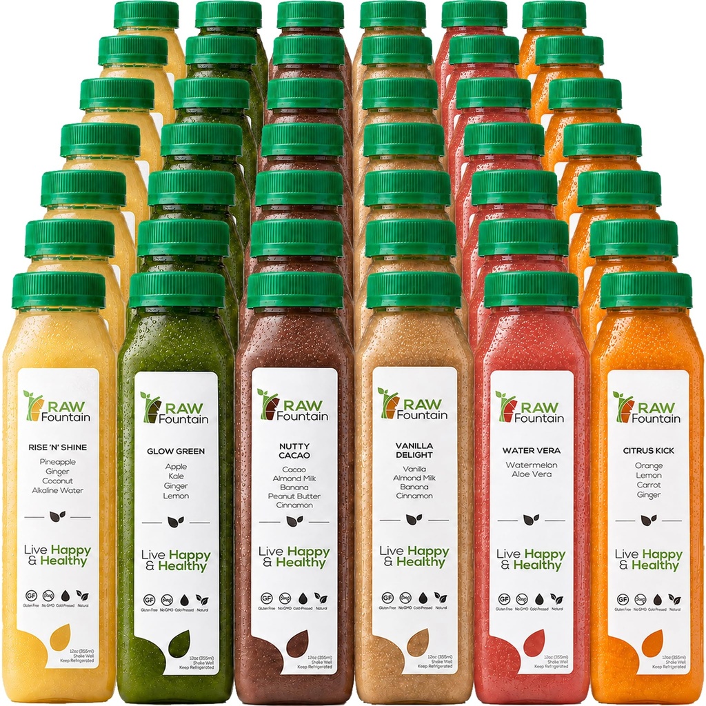7 ימים חלבון ג'וש ניקוי על ידי Raw, All Natural Raw Detox ניקויse, Cold Pressed פירות, ירקות, וניל ושוקולד פלאמור, Tasty and Energyzing, 42 בקבוקים 12oz, 3 ג'ינג'ר יורה