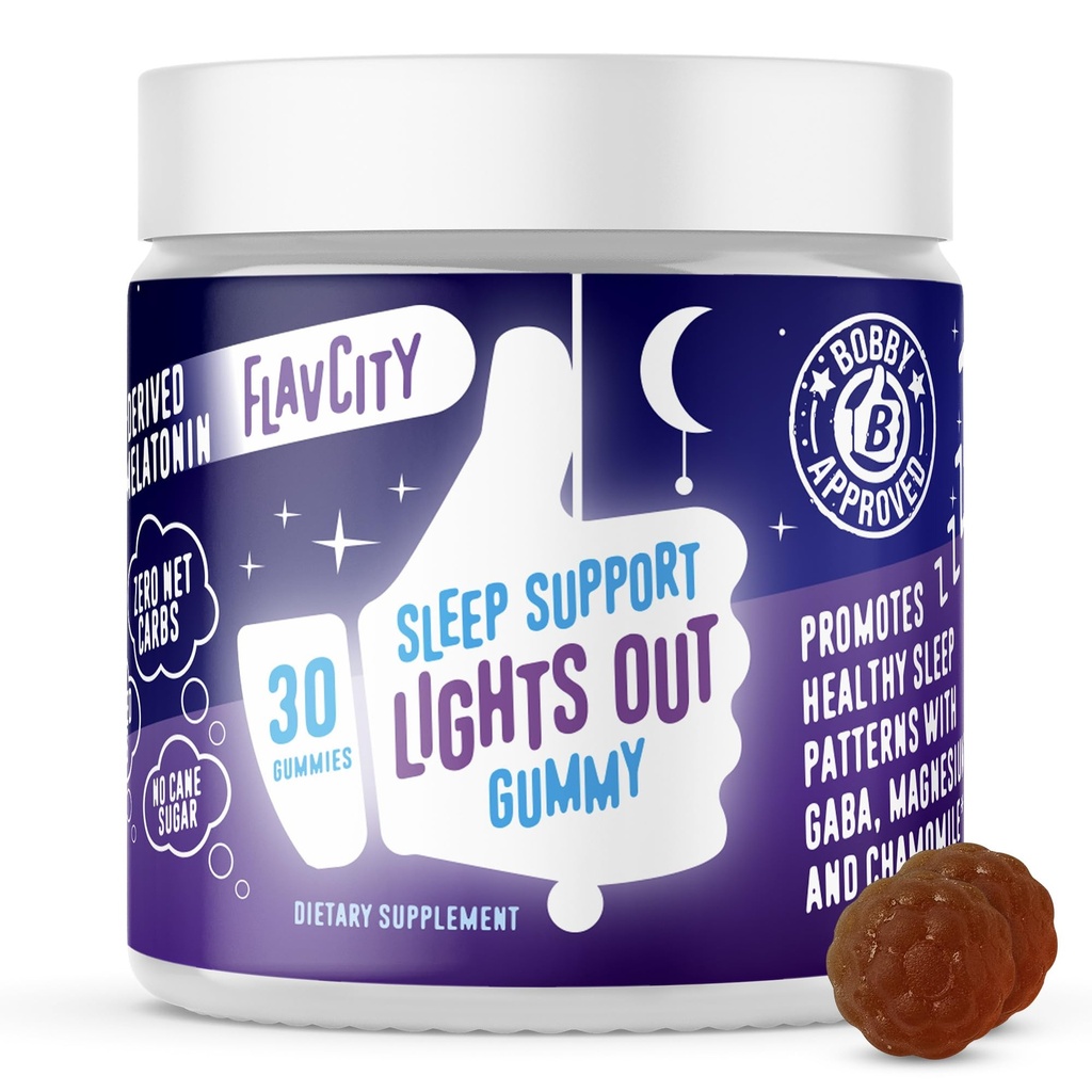 FlavCity Melatonin Sleep Gummies for Adults, Lights Out Gummy - תוספת תמיכה בשינה עם GABA מבוסס צמחי, Magnesium & Chamomile for Deep & Restful Bedtime, 30 יום אספקה