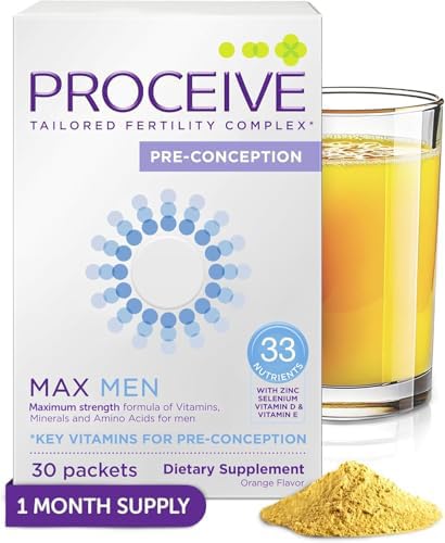 Proceive Max Tailored Fertility Supplement for Men, Pre Conception Vitamins, Minerals, and Amino Acids with Vitamin D, Zinc, Selenium, and Vitamin E, 30 Vegan Drink Mix Packets, Orange Flavor