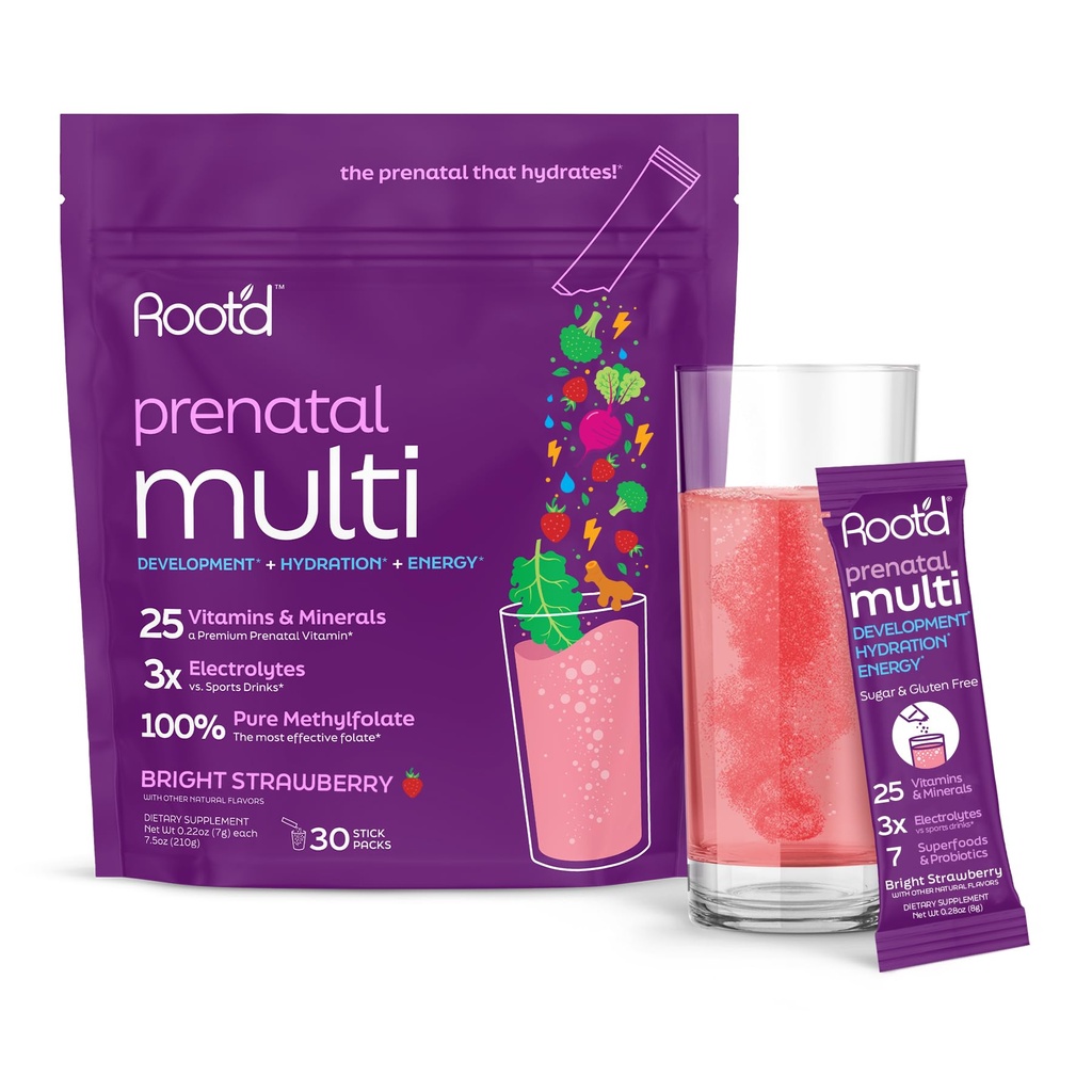 Root'd Prenatal Multivitamin Powder - 25 Vitamins & Minerals with 3x Electrolytes, Folate, Iron, D3 for Mom & Baby, 7 Superfood & Probiotics, Sugar-Free Vitamins & Hydration | 30 Vitamin Drink Packets