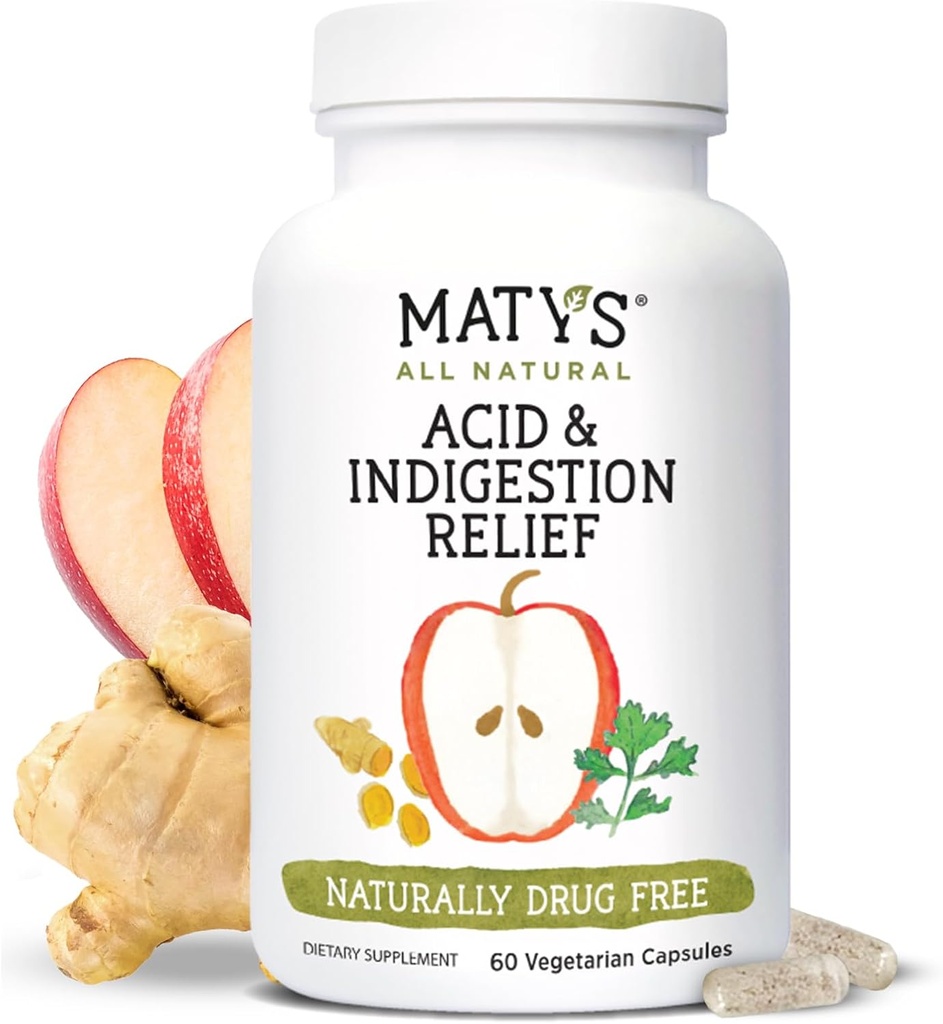 Matys Acid & Indigestion קפסולות, Safe Antacid אלטרנטיבי עבור Occasional Acid Reflux & Heartburn, Made עם Apple Cider Vinegar, Soy & Gluten Free Vegetarian קפסולות, 60 Count, 30 משרתות