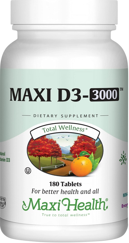 Maxi Health ויטמין D3 3000 IU 75 mcg ויטמין D עבור עצמות בריאות, שיניים, תמיכה בחיסון - VIT D3 תוסף קל ל-Swallow non-GMO, לגברים ונשים - כשר (180 טבליות)