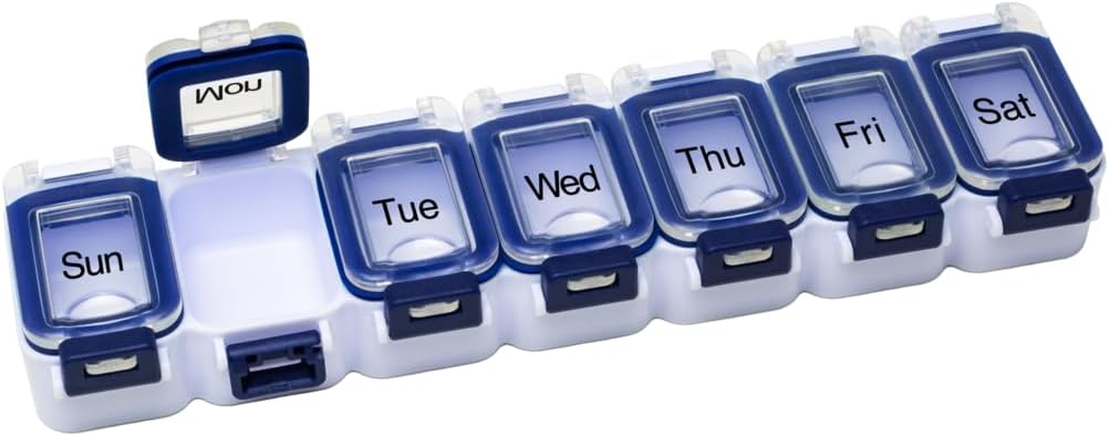 EZY DOSE Weekly (7-Day) Pill Planner, Medicine Case, הויטמין Box, ויטמין ארגן ויטמין Box, אספקת מים להורדת השוואת תרופות מרשם מאובטחות ומניעה ספלינג תאונות, כחול