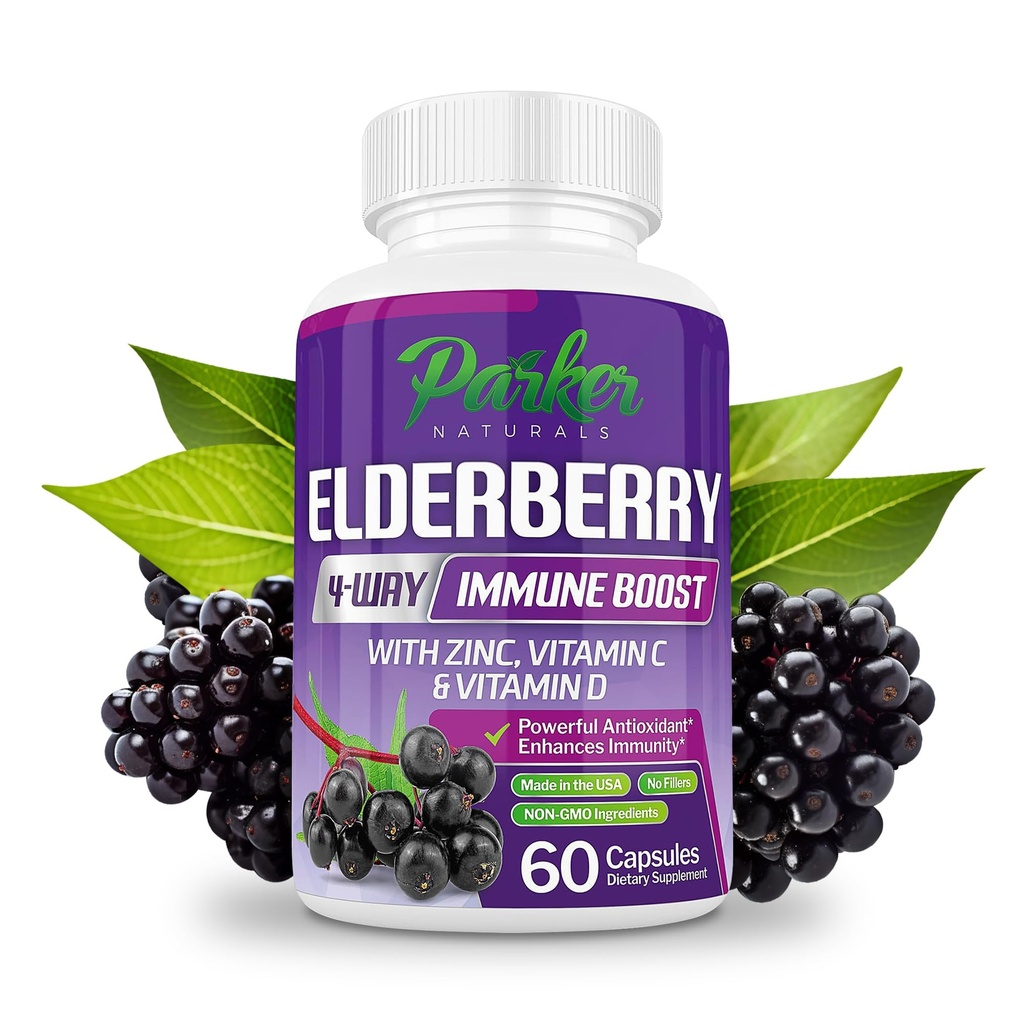 פרקר Naturals Organic Elderberry קפסולות, 4Way Immune Boost Elderberries, ויטמינים C, D & Zinc תמיכה, 1260.1 מ"ג מבוגרים למבוגרים, 60 קפסולות