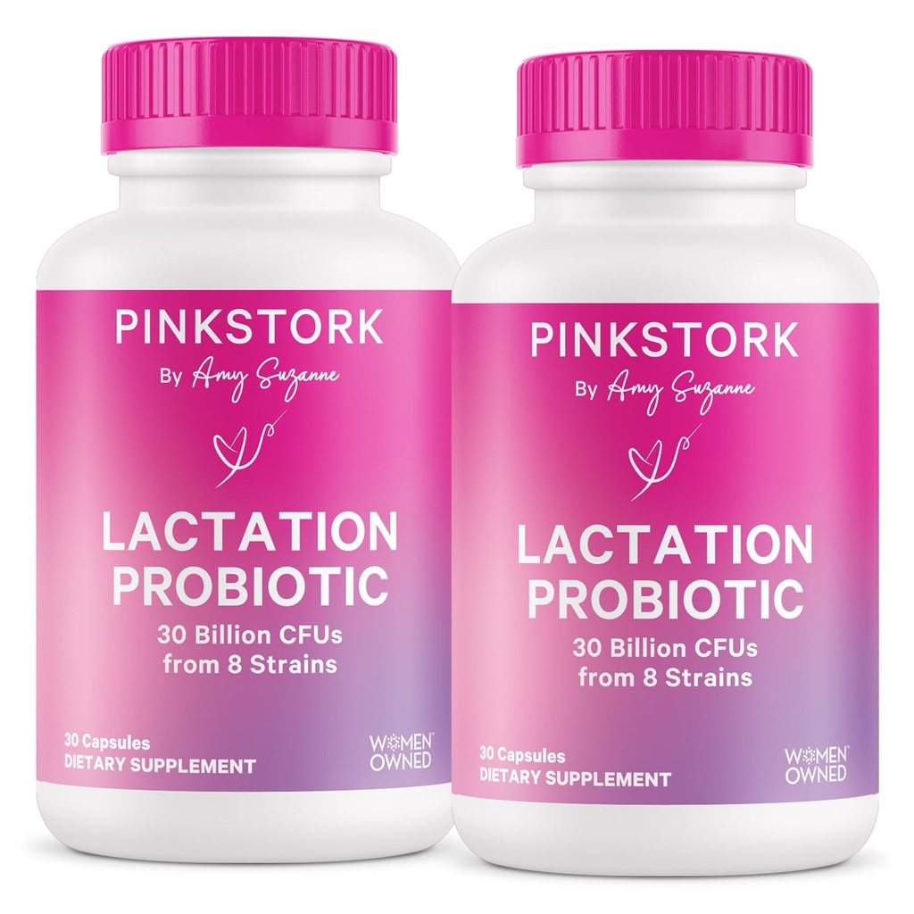 Pink Stork Lactation Probiotic - 30 מיליארד CFUs Multi Strain Postnatal Probiotics for Breastfeeding Women - תמיכה בחלב השד & Gut בריאות, Postpartum Essentials, 60 קפסולות