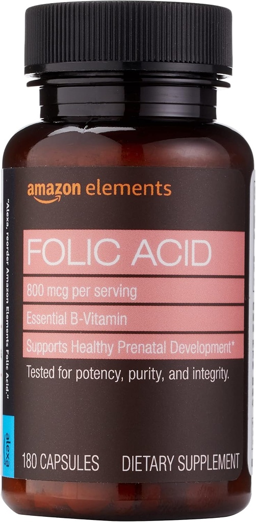 אלמנטים - Folic Acid, 800 mcg לכל מנה, Tablet, 180 Count, Pack של 1, נשים דיאטה תוספת לפיתוח טרום לידתי בריא, 6 חודשים של אספקה