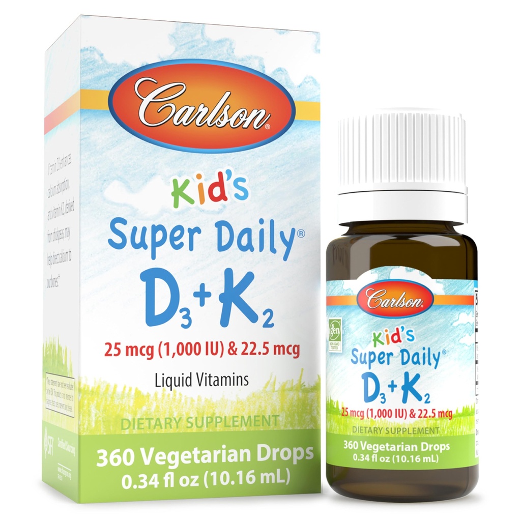 קרלסון - Super Daily D3+K2, 25 mcg (1,000 IU) D3 & 22.5 mcg K2, ויטמין D טיפות עם ויטמין K2, ויטמין נוזלי, 1000 IU ויטמין D3, Heart & Bone Health, 1-Year Supply, Unflavored, 360 טיפות