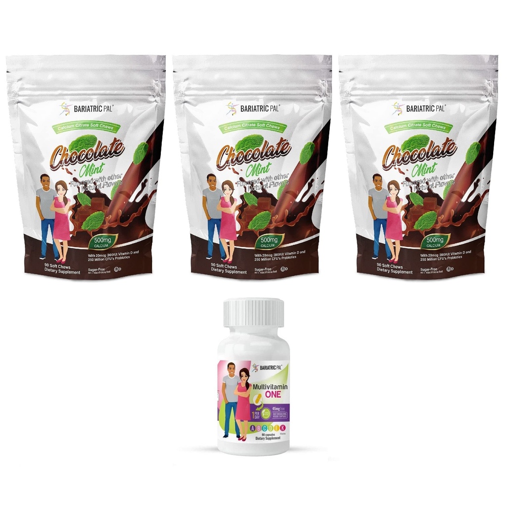 BariatricPal 90-Day Bariatric ויטמין Bundle (Multivitamin One 1 ליום! קפסולה עם 45 מ"ג ברזל ו Calcium Citrate Soft Chews 500 מ"ג עם Probiotics - שוקולד Mint
