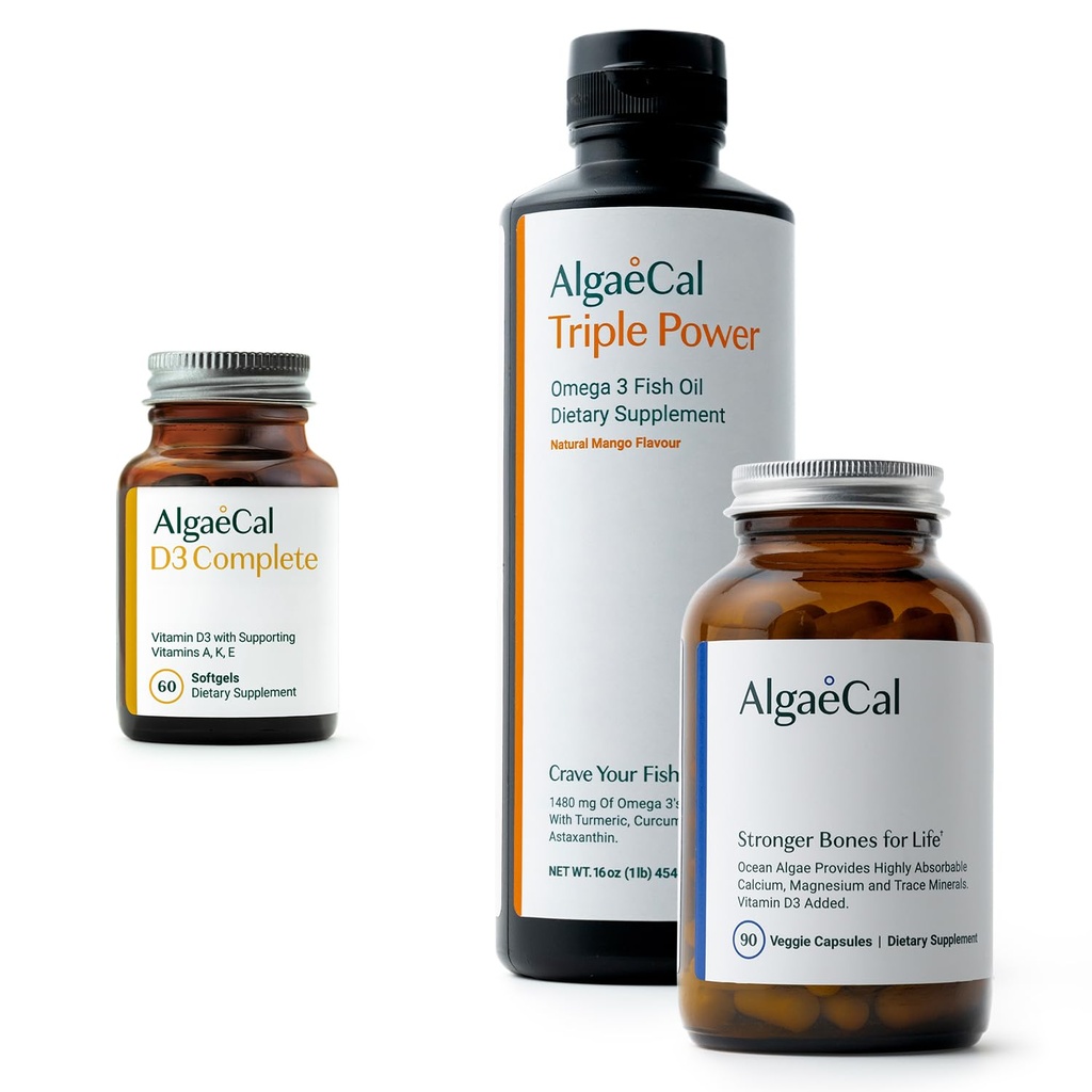 ALGAECAL Bundle - D3 (1000 IU) + K2, ויטמין E, ויטמין A (1000 IU) ו- Plant-based Calcium for העצם Support & אומגה 3 עם 1200 מ"ג EPA DHA