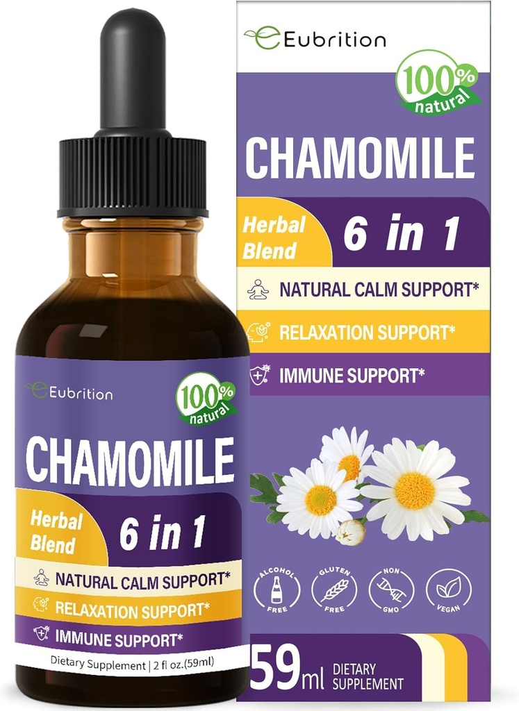 Chamomile Herb Extracts, Natural Calm Herbal Tincture תוסף w/Passion פרח, St. John's Wort, Lavender, Reishi, & Echinacea לתמיכה מרגיעה ותמיכה בחיסון. 2oz