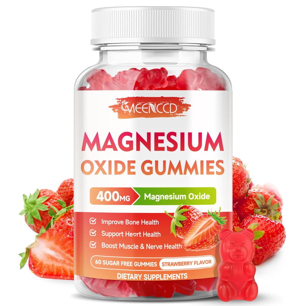 Magnesium Oxide Gummies 400 מ"ג, תוספת מגנזיום Oxide למבוגרים וילדים, Nerve & שרירים תמיכה, non-GMO, Sugar-Free, Strawberry Flavor, הרוזן 60