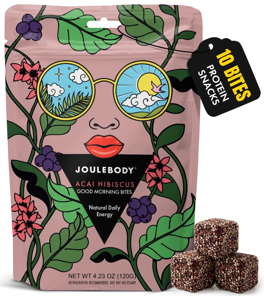 JOULEBODY Good Morning Protein Energy Bites, Acai Hibiscus Organic, Crunchy & Chewy Chewy Protein Bites Snacks for Women - Protein Balls Snacks, 4g Protein, 5g fiber, Gluten Free, Vegan, 10 Count