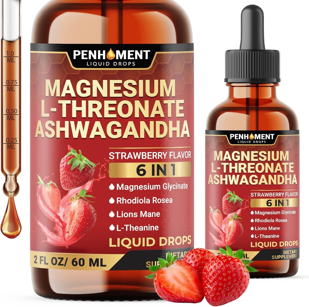 6in1 Magnesium L-Threonate נוזל טיפות עם Ashwagandha, Magnesium Glycinate ועוד 3 - תמיכה במוח ו Immune - 2 Fl Oz במשך 30 ימים - Strawberry Flavor