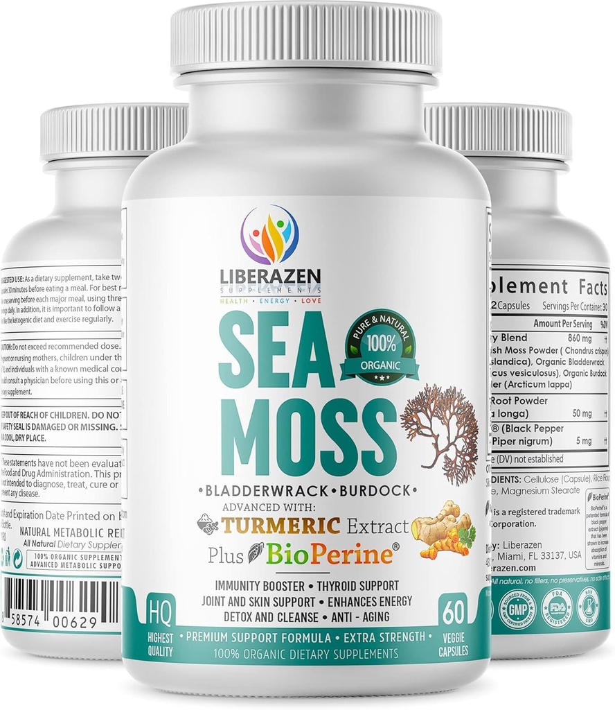Red Sea Mos Pills Pills - Wild Built ד"ר Sebi בהשראת Seamos בלנדר עם Turmeric, Burdock Root & Bladderwrack, Enhanced with Black Pepper - 60 קפסולות