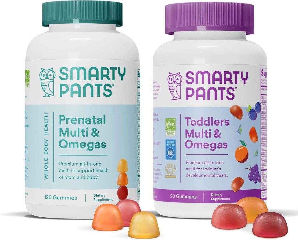 SmartyPants Prenatal ופעוטות Multivitamin Gummies Bundle: אומגה 3 שמן דגים (EPA / DHA), ביוטין, Methylfolate, ויטמין D3, C, ויטמין B12, B6, A, K & Zinc for Immune Support (30 יום אספקה)