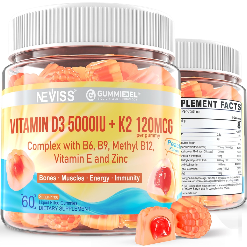 ויטמין D3 5000IU + K2 (MK-7) 120mcg, ויטמין ללא סוכר D3 K2 מלא חניכיים עם ויטמין B Complex - Methyl B12, B9, B6 | ויטמין E & Zinc, שמן MCT - תומך עצמות ושיניים כוח, Imm, 2PACK
