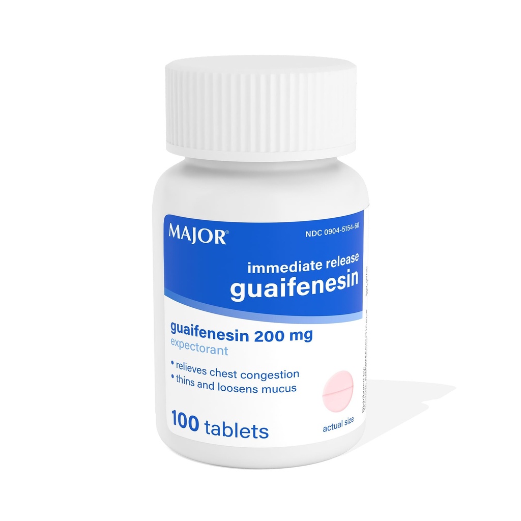 מייג'ור משחרר את Guaifenesin - Relieves Chest Congestion, Thins ו-Puns Mucus - 200 מ"ג - 100 טבליות