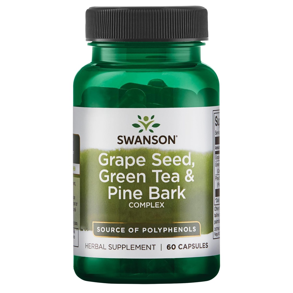 Swanson Grape Seed Green Tea & Pine Bark Complex Health Antioxidant Support Polyphenols OPCS Herbal תוספי 60 קפסולות (Caps)