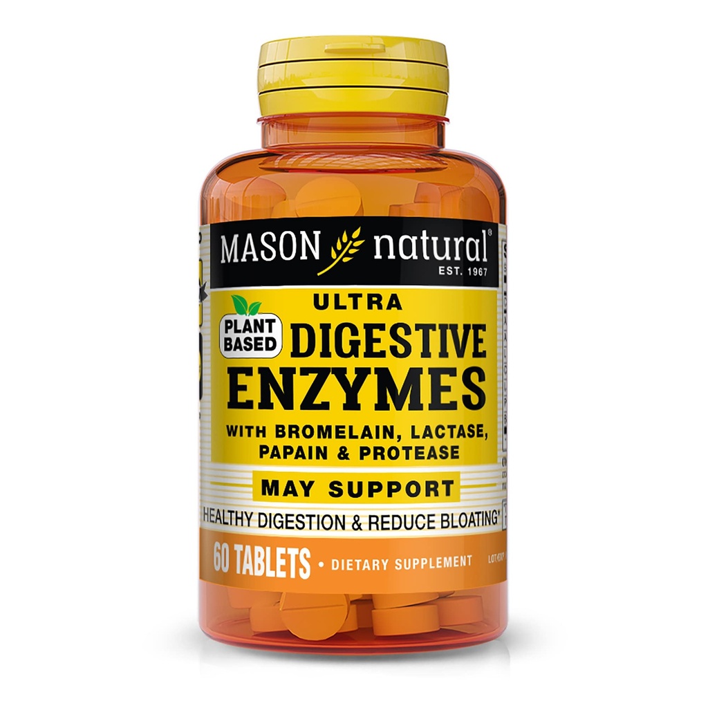 MASON NATURAL Plant Based Ultra Digestive Enzymes with Bromelain, Lactase, Papain & Protease - תמיכה בריאות העיכול & מאי להפחית את Bloating, 60 קפסולות