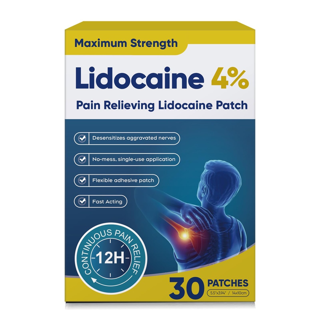 4% Lidocaine Pain Relief Patches – Maximum OTC Strength, Fast-Acting Targeted Relief, for Muscle & Joint Discomfort, 30 Count-0331