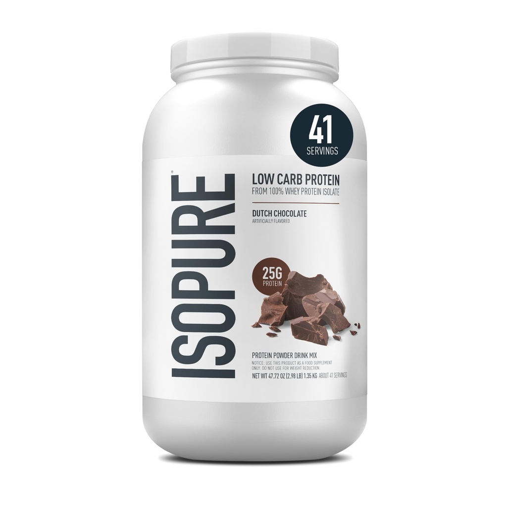 Isopure Low Carb 100% טהור Whey Isolate אבקת חלבון, Lactose חינם, Gluten חינם, עם ויטמינים, שוקולד הולנדי, 25g חלבון Per משרת, 3.07 Lbs, 41 משרתים (Packaging May Vary)