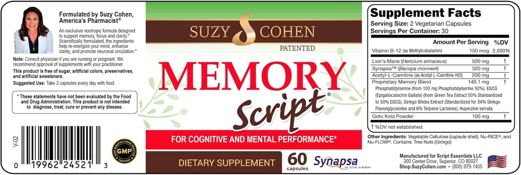 Suzy Cohen Memory Script with Lions Mane, Phosphatidylserine, תמצית תה ירוק וג'ינקגו - תוספת תמיכה למוח עבור Focus - נורות nootropic עבור קוגניציה, Faster Recall ו Moodddd