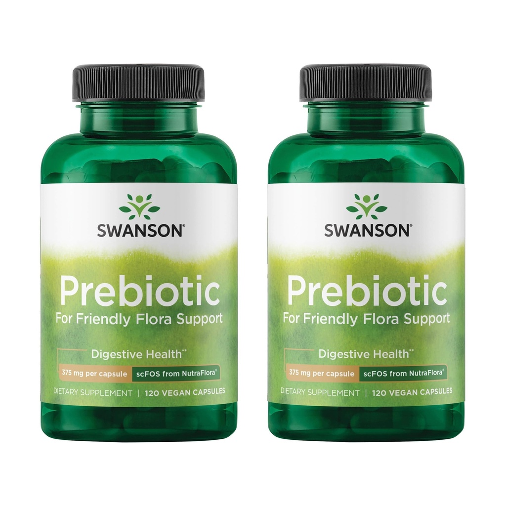 Swanson Prebiotic Fiber Capsules with NutraFlora FOS for Gut-Health-Conscious Adults Seeking Digestive Flora and Immune Support - 750 mg (120 Vegan Capsules, 2 Pack)