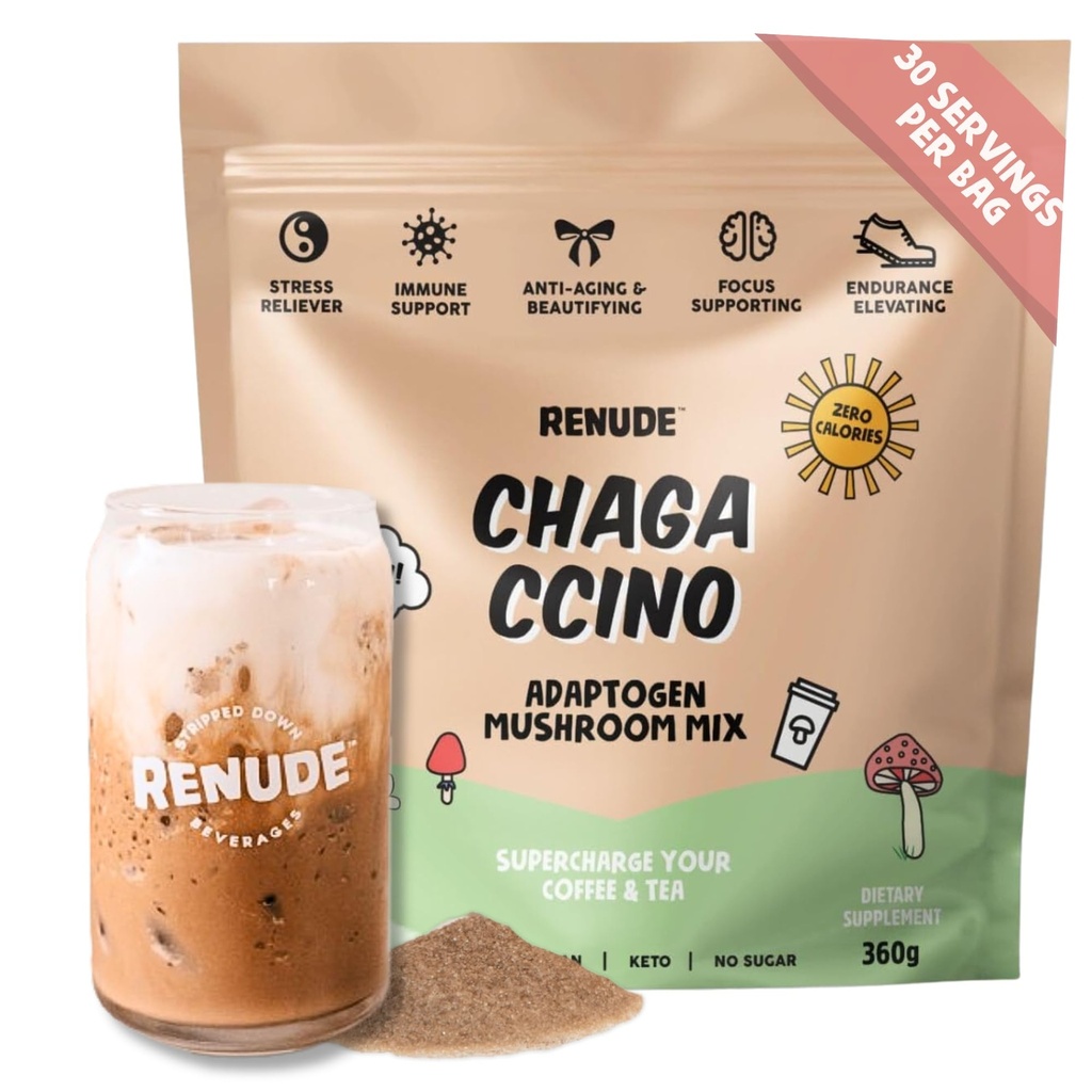 Renude Chagaccino - Chaga Mushroom Powder, Mushroom Coffee Drink Mix with Adaptogens, Natural Energy and Immune Support, Vegan, Keto, Zero Calorie Mushroom Blend Powder - 30 Servings
