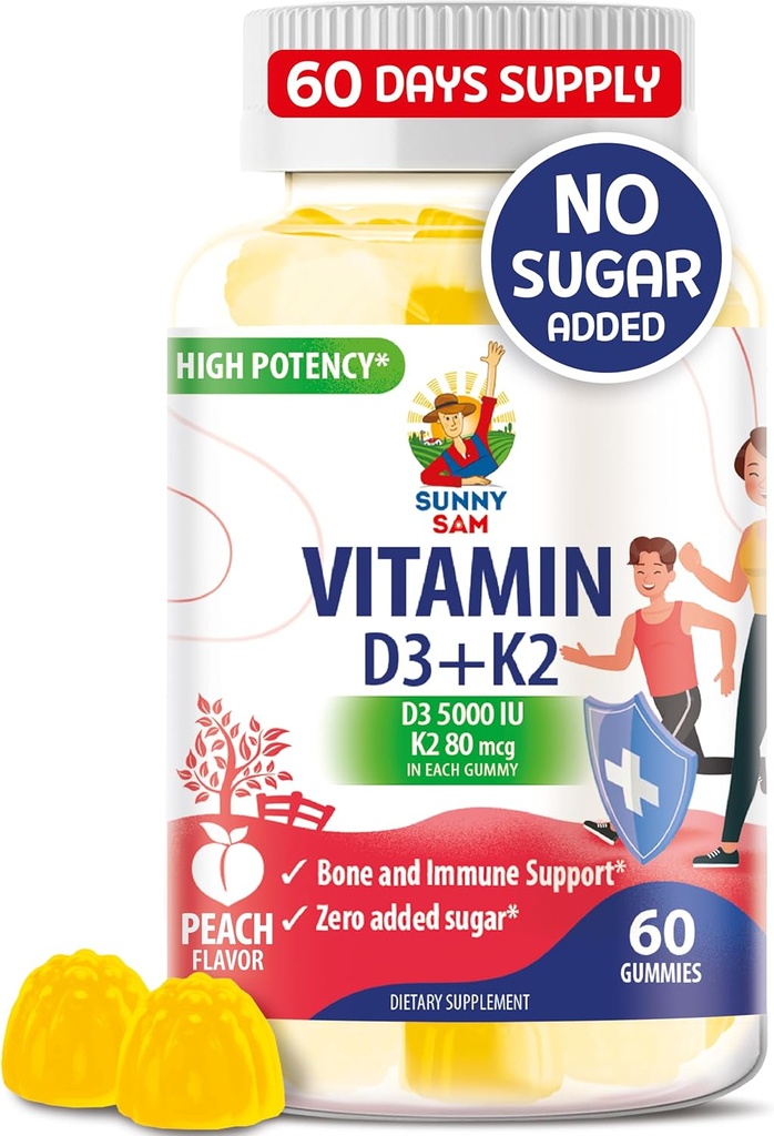 ויטמין D3 K2 Gummies 5000 IU - Immune & העצם תומך חניכיים - ויטמין D Gummy תוספת למבוגרים - High-Absorption, טבעוני, הליל, ויטמינים ללא גלוטן