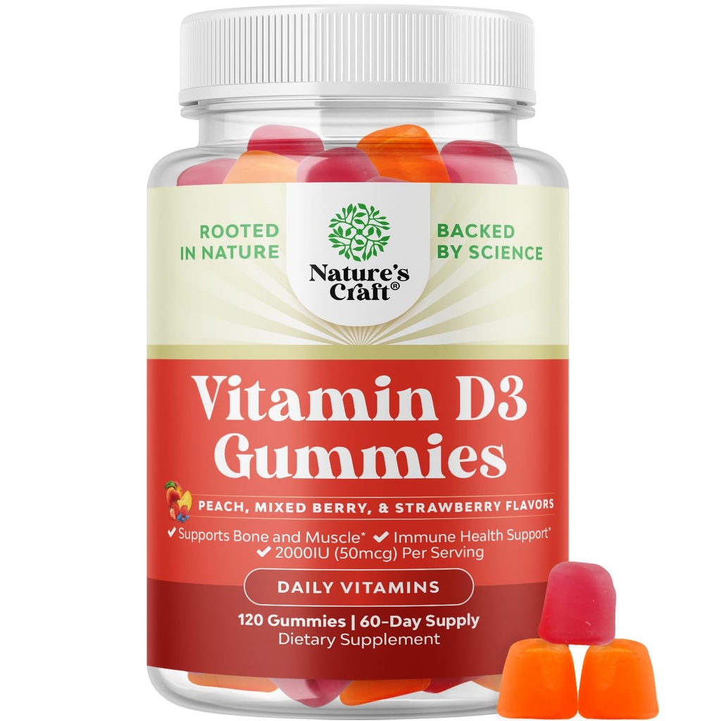 Natures Craft ויטמין D3 Gummies for Daily Wellness - ויטמין D מסטיקמי עבור מבוגרים עם D3 2000IU לשרת שריר העצם ותמיכה Immune - non-GMO Gelatin & Gluten חינם (60 יום אספקה)