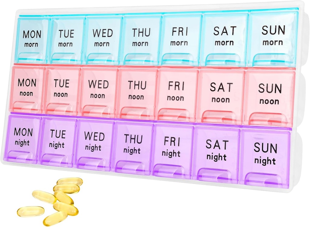 מארגנת גלולות שבועיות גדולות 3 פעמים ביום,Travel Pill Cases ,Moisture-Proof 7 Day Pill Contaner, Medicine Pill מארגנת, Portable for Pills ויטמין Fish Oils