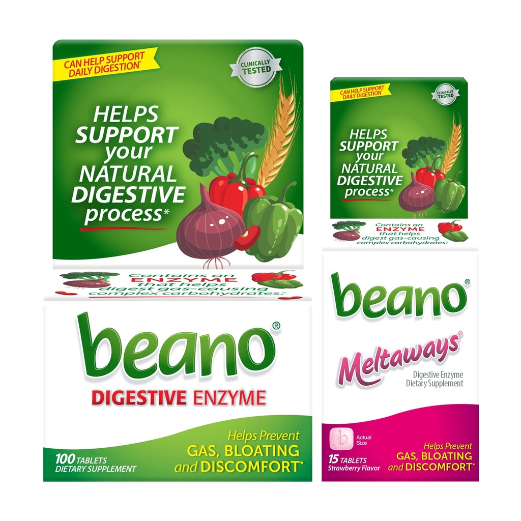 Beano תוספת כוח 100ct & beano Strawberry Meltaways 15ct