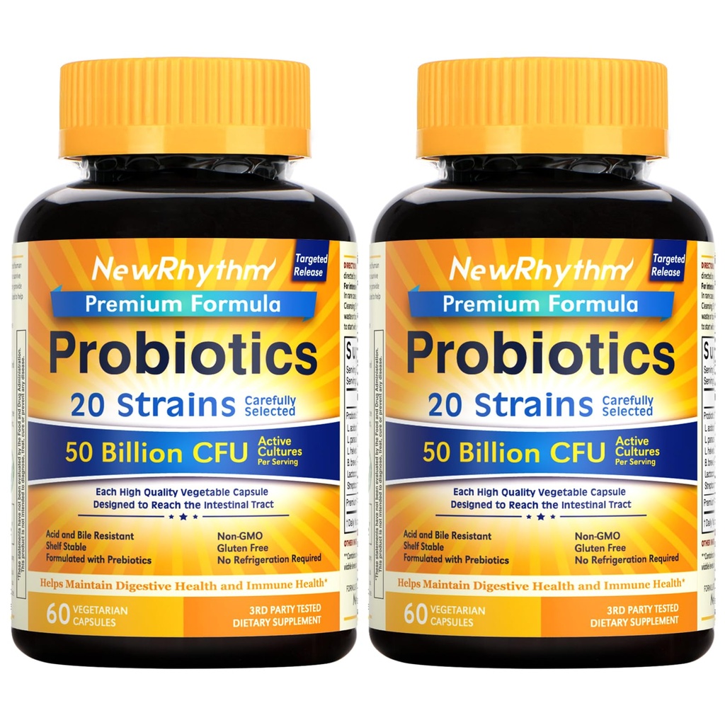 NewRhythm Probiotics 50 מיליארד CFU 20 סטרינס, 120 קפסולות Veggie, Targeted Release Technology, Stomach Acid Resistant, No Need for Refrigeration, non-GMO, Gluten Freeten