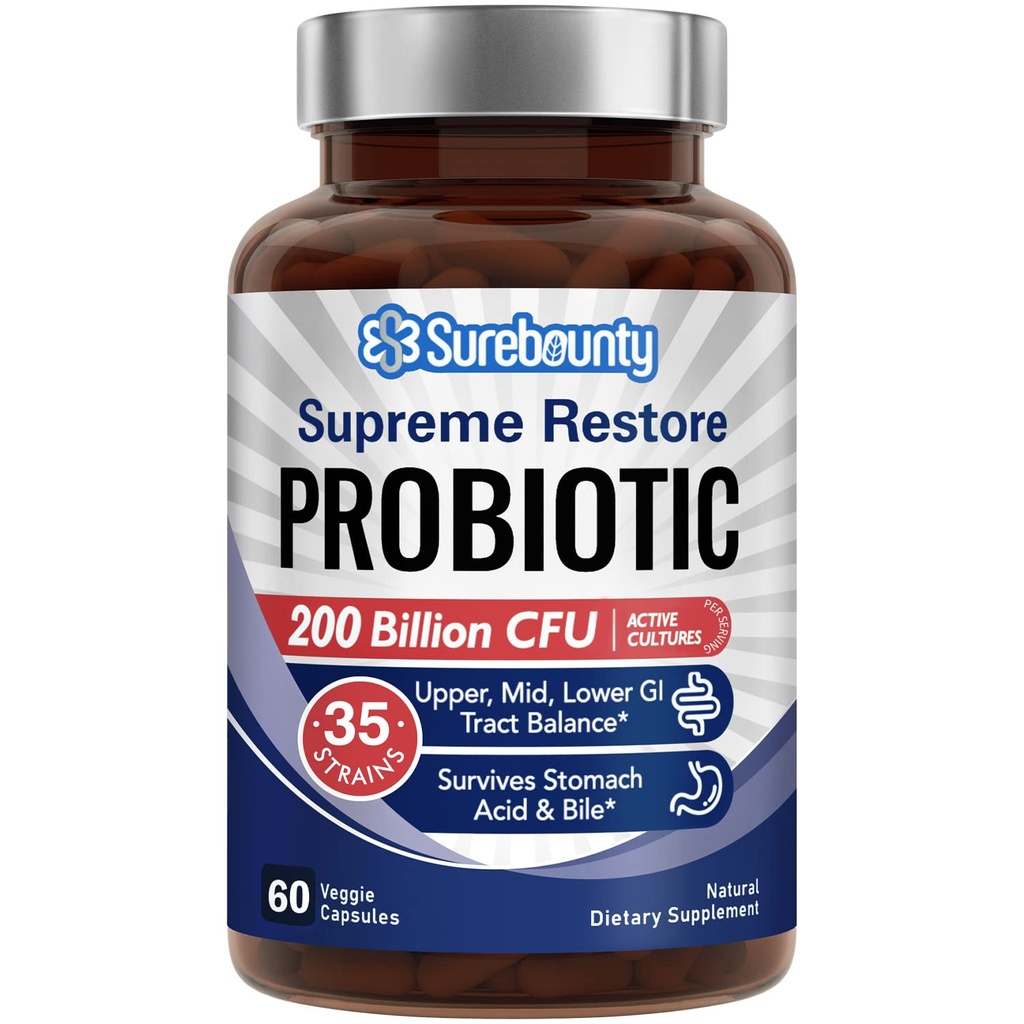 Probiotic for Men & Women, 200 מיליארד CFU 35 סטרינס, Prebiotics + Digestive Enzymes, החזר גבוה Probiotic תוספת, Upper, Mid, Lower GI Tract Balance, 60 קפסולות Veggie, 1 חודש