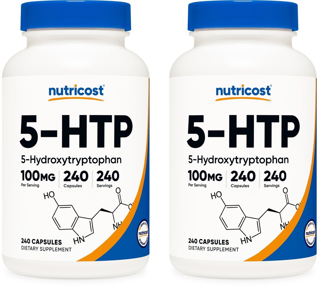מזון מזינים 5-HTP 100 מ"ג, 240 קפסולות צמחוניות (5-Hydroxytryptophan) - Non-GMO & Gluten חינם (2 בקבוקים)